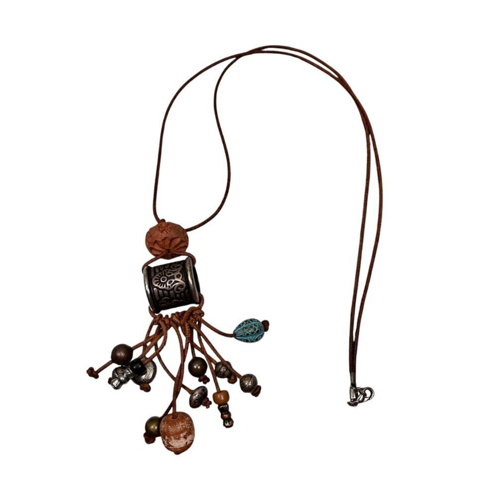 Boho Necklace Long Clay Silver